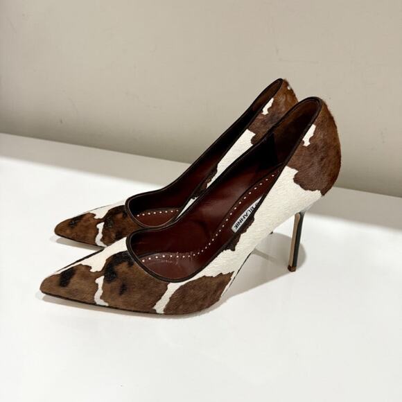Manolo Blahnik Cow Hide Stilettos Heel Pointy Pumps Brown/White Women's EU 41 - Picture 3 of 8